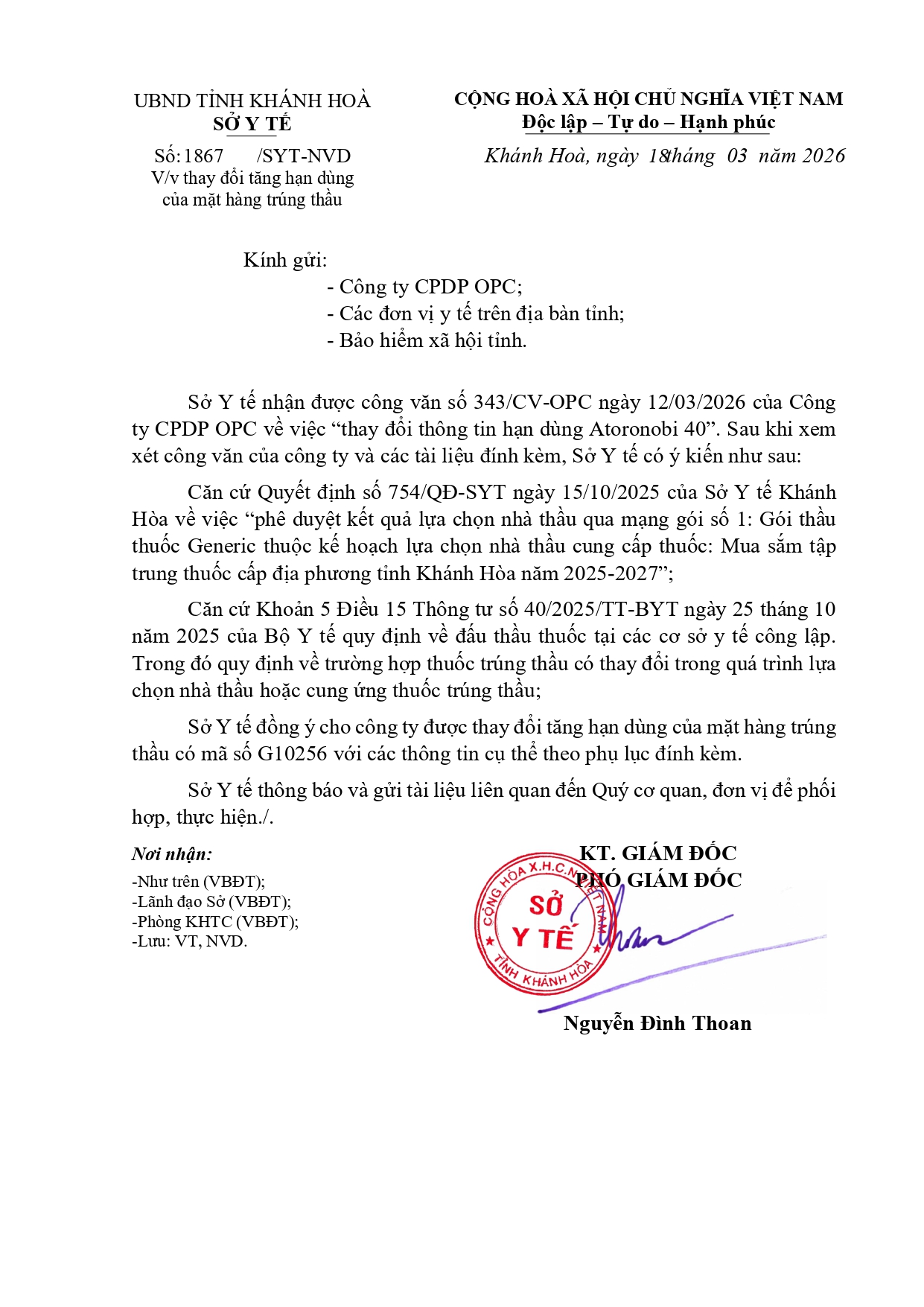 V/v thay đổi tăng hạn dùng của mặt hàng trúng thầu